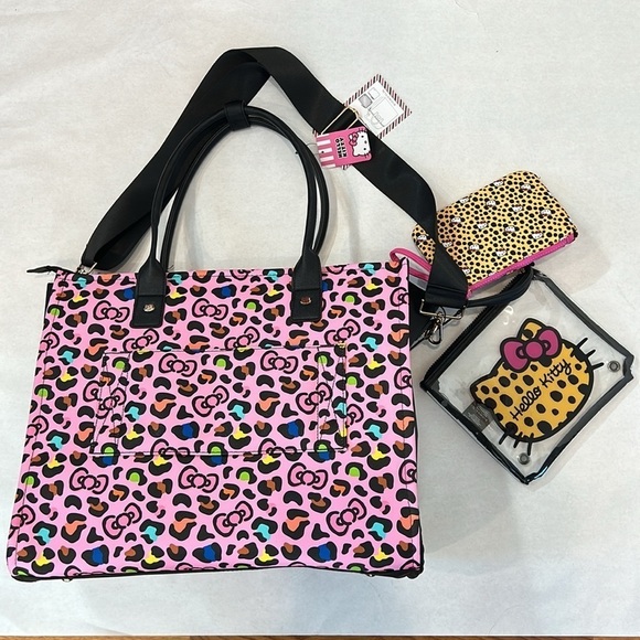 Brand New Hello Kitty bows & pink leopard three piece travel bag tote set rare - Picture 9 of 12